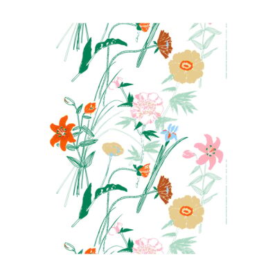 Marimekko Puutarhakutsut puuvillakanga White-green-orange